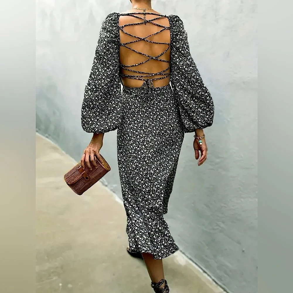 NIP-Casual Split Lantern Long Sleeve Dress